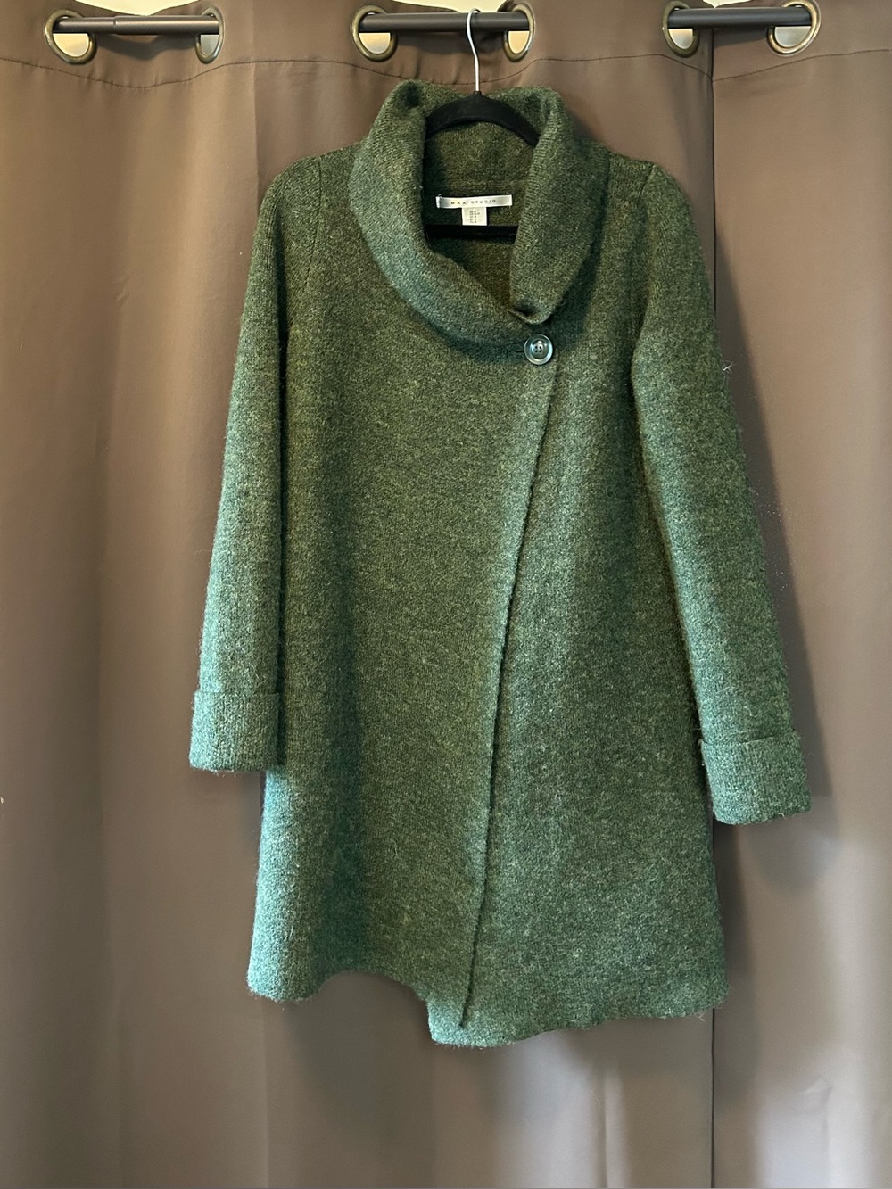 Max Studio Olive Green Cowl Neck Wool-Blend Sweater Coat